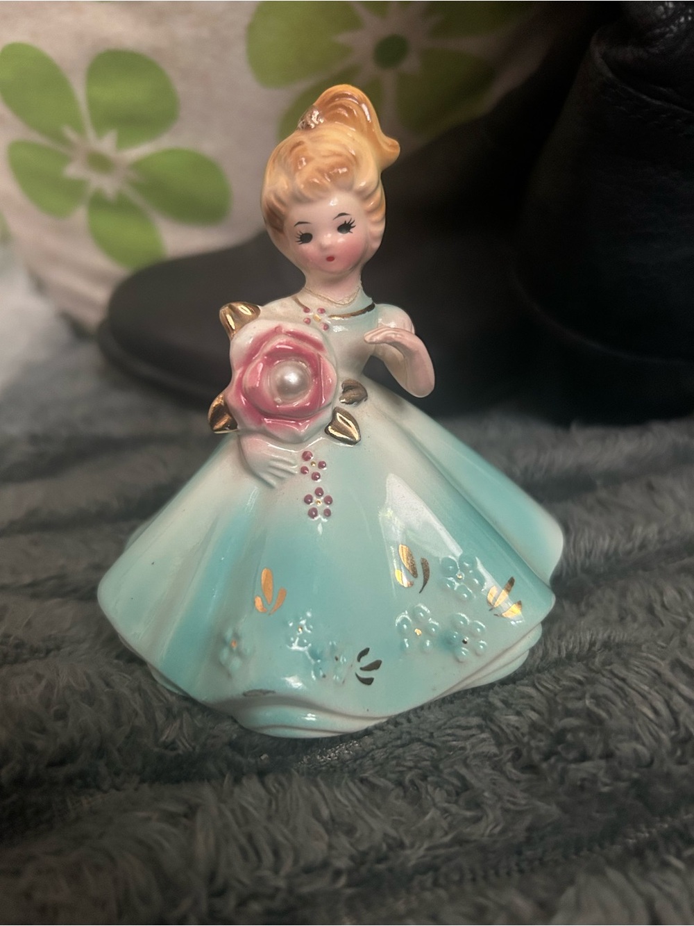 Porcelain Josef originals Girl in Light Blue Dress with Pink Rose